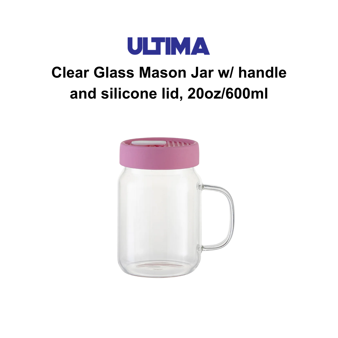 ULTIMA CLEAR GLASS MASON JAR W/ HANDLE AND SILICONE LID 20 OZ